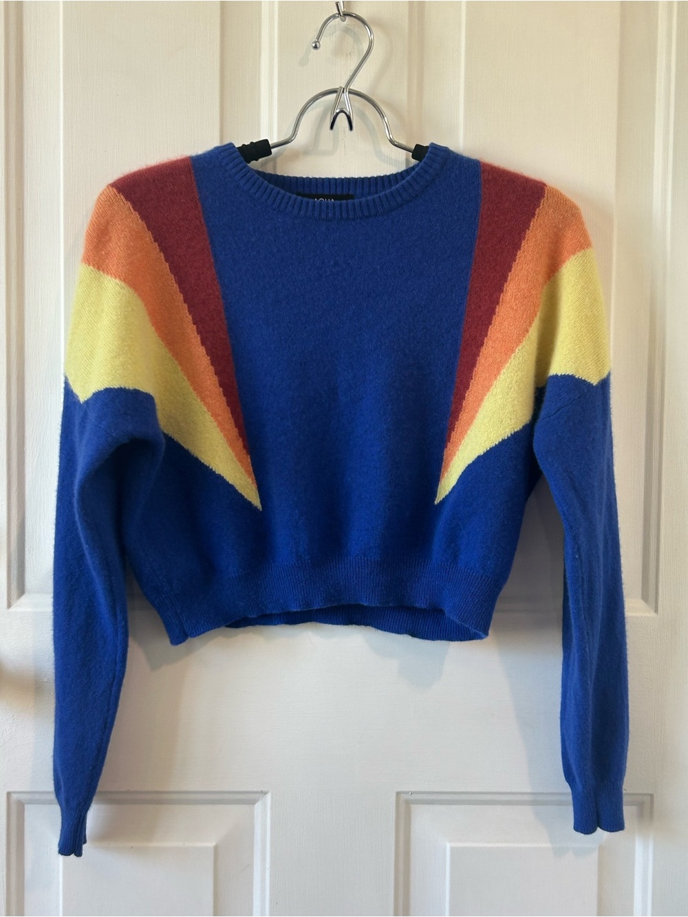 Aqua Girls Size L 100% Cashmere Royal Blue Colorblock Sunburst Sweater